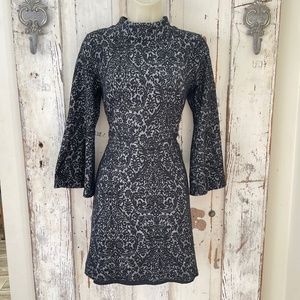 Ann Taylor Loft Size 4 Woman's Black Gray Textured Knit Bell Sleeve Mock Dress